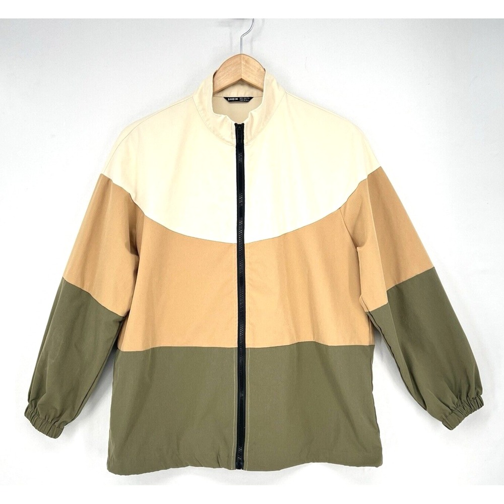 Color Block Lightweight Full Zip Jacket Size 4 Cinch Hem Olive Green Tan Cream